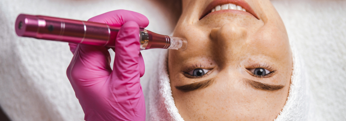 Cosmetician making anti-aging therapy to the patient's face using dermapen. Beauty treatment. Beauty skin. Medical technology.