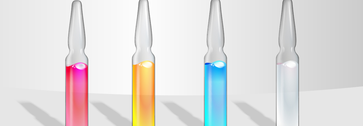 Set of transparent Medical Ampoules with Colorful liquid drug solution. Vial hypodermic injection. Treatment disease care in hospital and prevention illness. Glass bottles for vaccine drug, vitamin